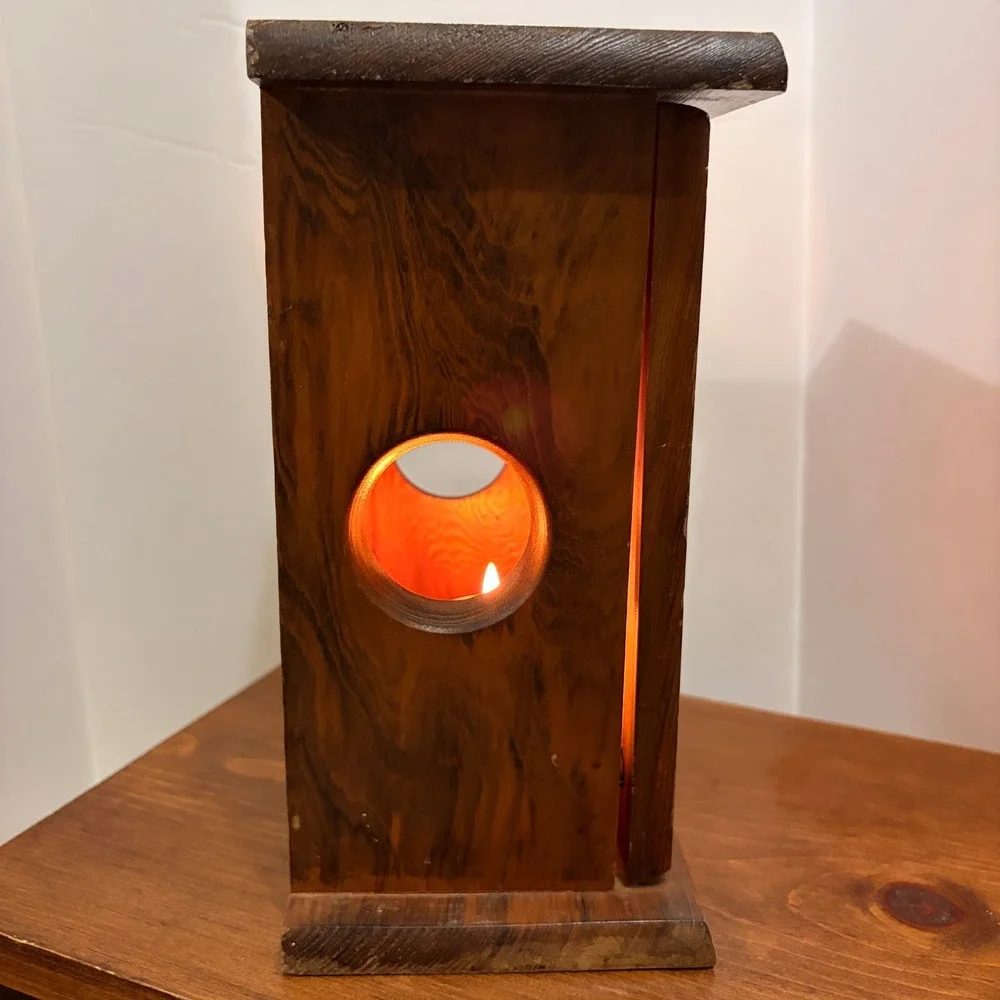 Vintage Rustic Wood Owl Lantern Candle Holder Box Mirror Interior Amber Glow